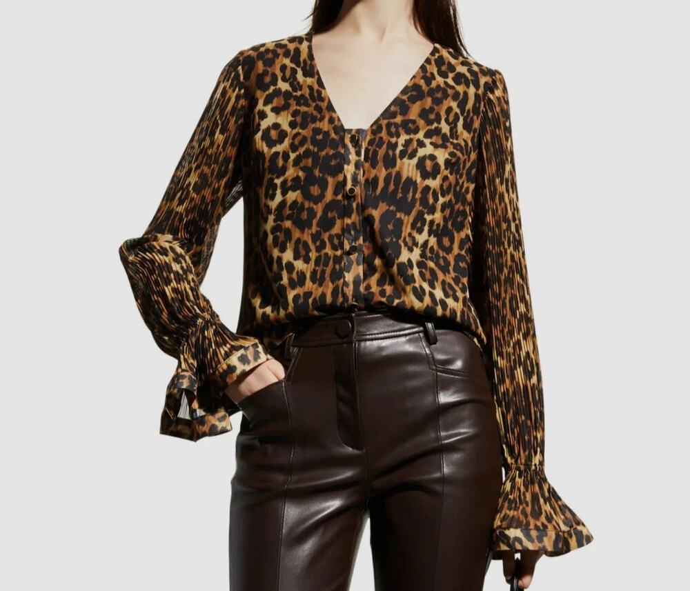 Milly Women's Greer Pleated-Sleeve V-Neck Brown Leopard-Print Top Size Large